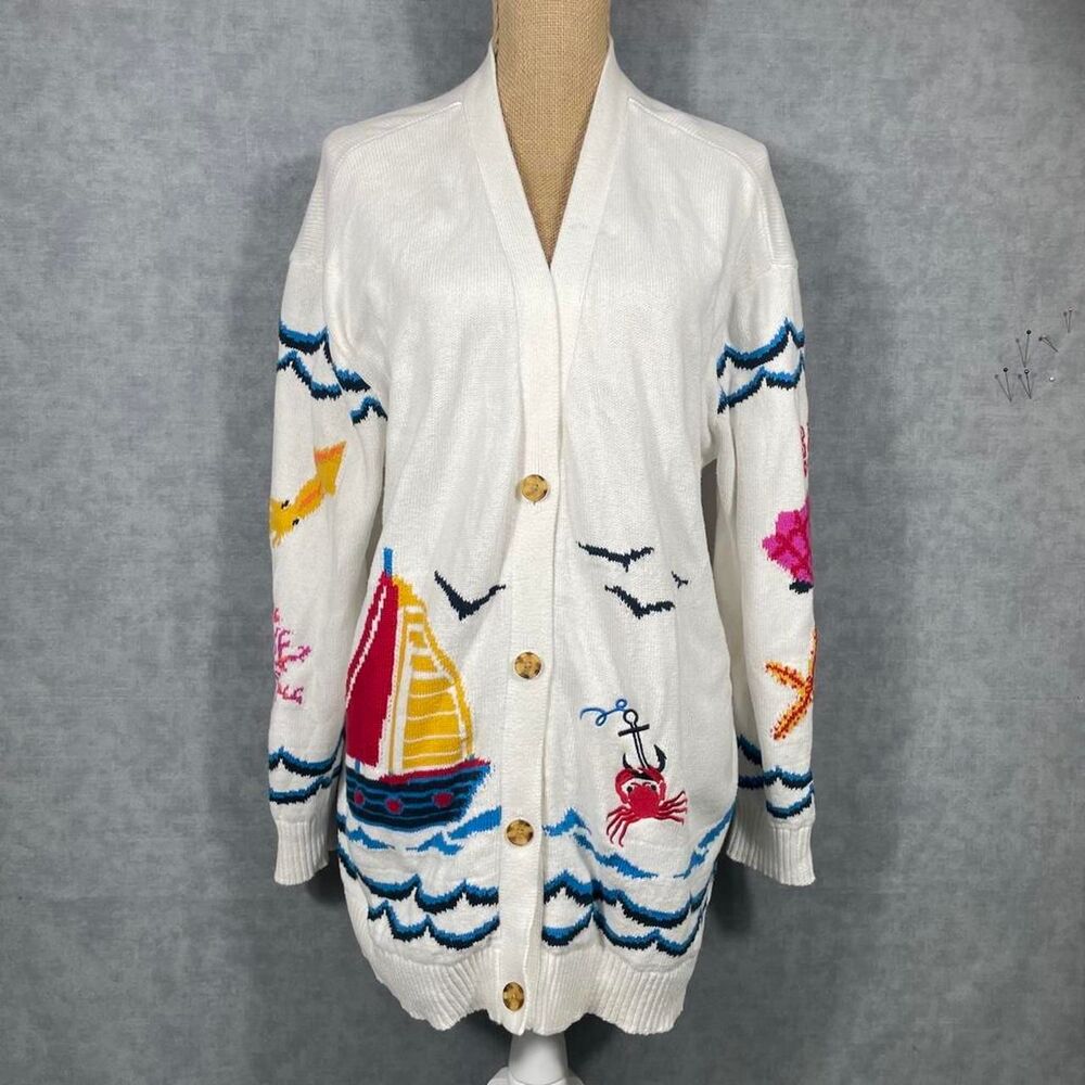 Vintage coastal grandma nautical Americana coastal knit cardigan.